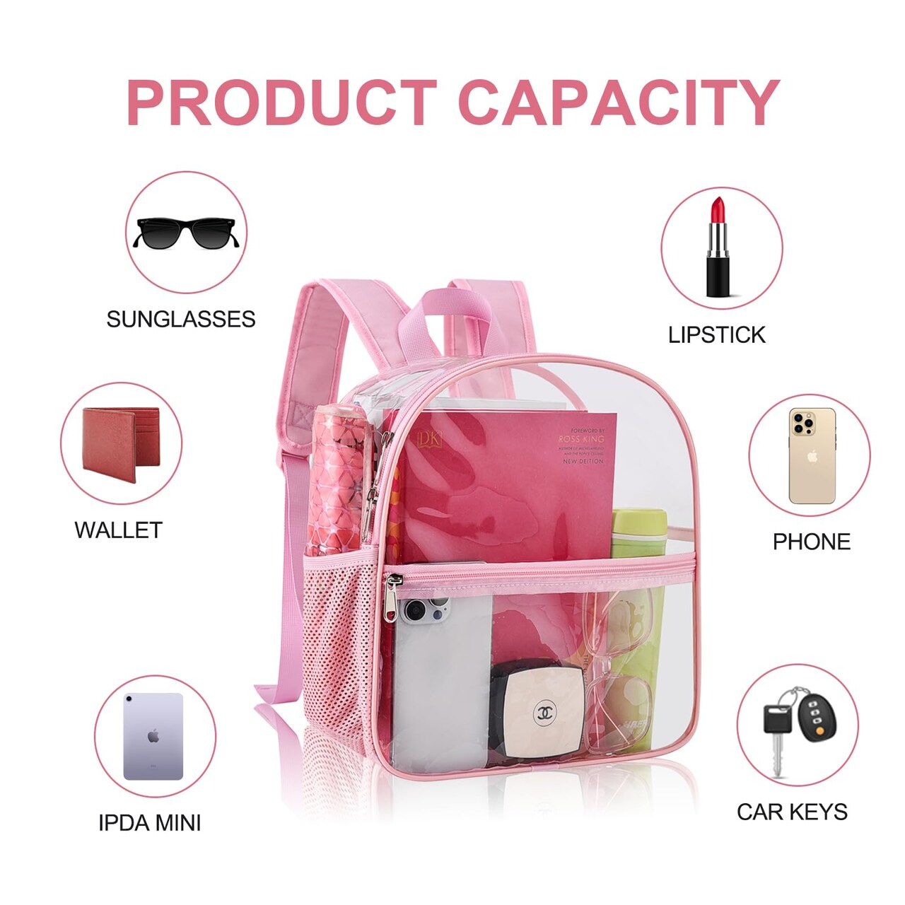 Clear Backpack Stadium Approved 12×12×6, Small Clear Backpack Transparent Backpack for Sports Event Concert (Pink)